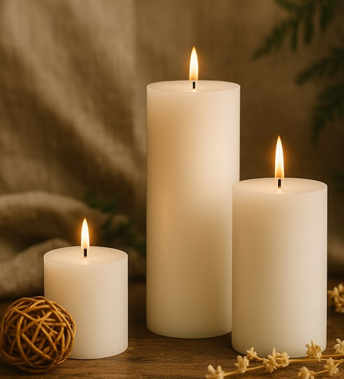 Set Of 3 White Wax Pillar Candles