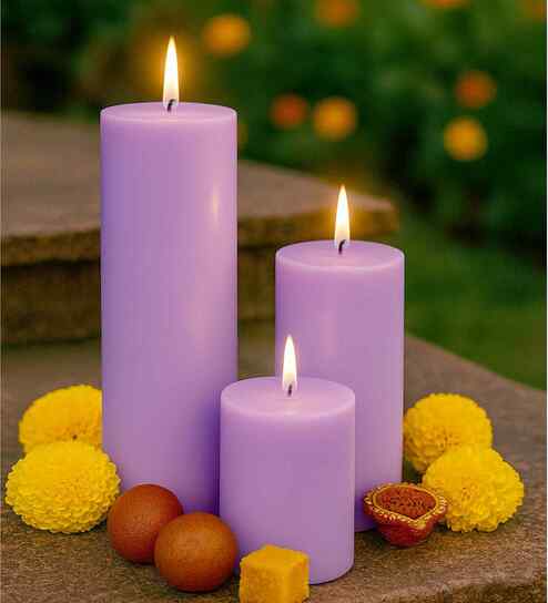 Set Of 3 Purple Wax Pillar Candles