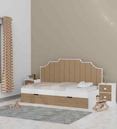 Pillowcastle Single Upholstered Bed With SideTable & Brown Upholstered Panels