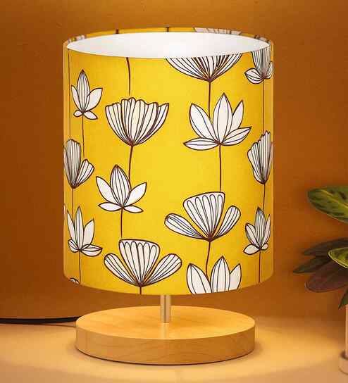 Pine Table Lamp with Wooden Base, Simple Linen Shade, Hibiscus Cylinder Design