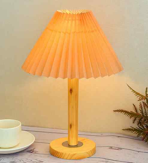 Pinewood Table Lamps, Fabric Linen Lampshade, Pleated Jute