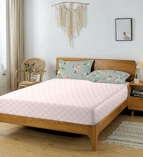 Pink & Green Glace Cotton Striped Elastic Fitted King Bedsheet With 2 Pillow Covers