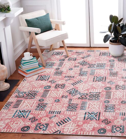 Pink & Teal Block Print Polyester 4 ft x 6 ft Machine Made Carpet