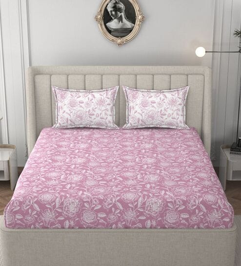 Pink & White Glace Cotton Floral Print Elastic Fitted King Bedsheet With 2 Pillow Covers