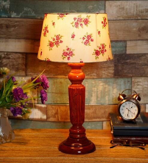 George Pink & White Fabric Shade Night Lamp With Wood Base By BrightDaisy
