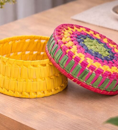 Pink & Yellow Palm Leaf Handwoven Colorful Round  Palm Leaf Basket