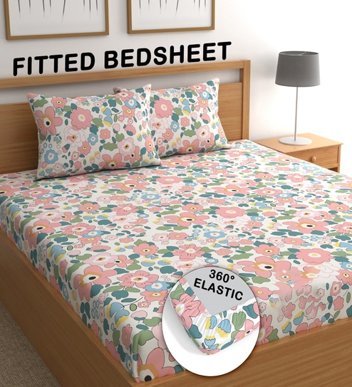 Pink 180 TC Floral Cotton Fitted Double Bedsheet 2 Pillow covers