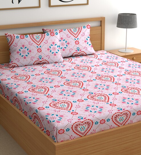 Pink 180 TC Floral Cotton Queen Double Bedsheet 2 Pillow covers