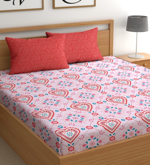 Pink 180 TC Floral Cotton Queen Double Bedsheet 2 Pillow covers