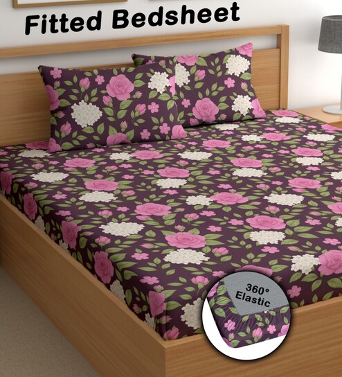 Pink 180 TC Floral Cotton Fitted Double Bedsheet 2 Pillow covers