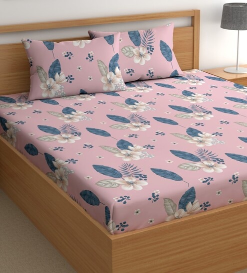 Pink 180 TC Floral Cotton Queen Double Bedsheet 2 Pillow covers