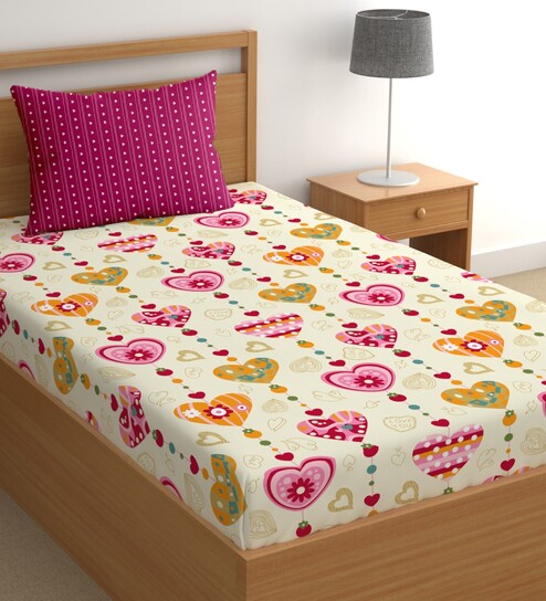 Pink 180 TC Floral Cotton Single Bedsheet Pillow covers