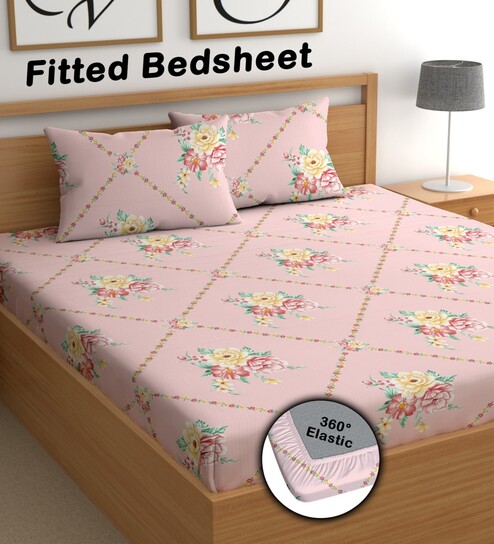 Pink 200 TC Floral Cotton Fitted Double Bedsheet 2 Pillow covers