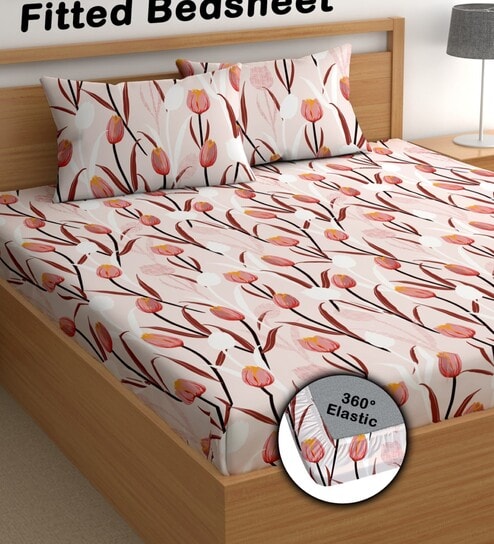 Pink 200 TC Floral Cotton Fitted Double Bedsheet 2 Pillow covers