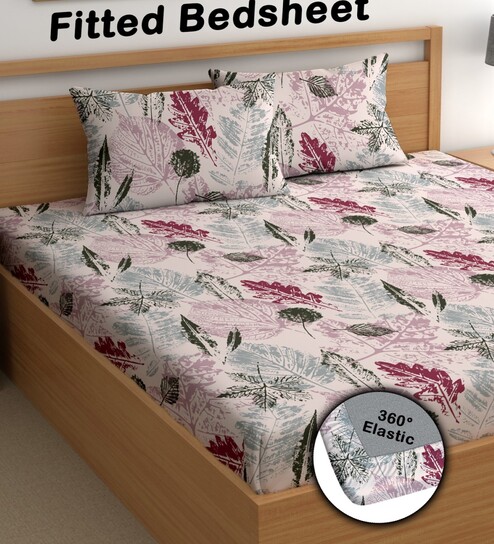 Pink 200 TC Floral Cotton Fitted Double Bedsheet 2 Pillow covers