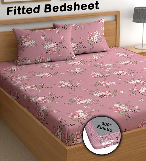 Pink 200 TC Floral Cotton Fitted Double Bedsheet 2 Pillow covers