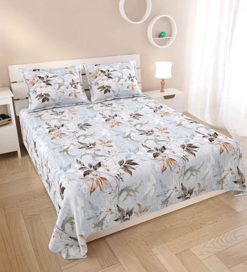 White Abstract 220 Tc Cotton Super King Bedsheet With 2 Pillow Covers