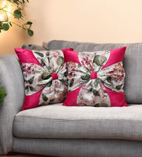 Pink Art Silk Chanderi Textured Floral 16x16 inches Cushion Covers (Set of 2)