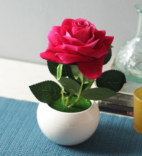 Buy Pink Artificial Velvet Rose With Ceramic Vase By Fourwalls