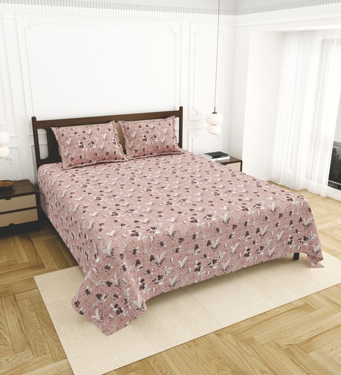 Pink Bedsheet 220 Tc Cotton King Bedsheet With 2 Pillow Covers