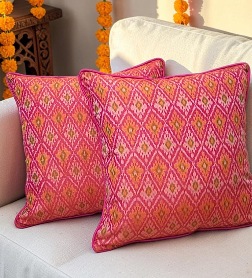 Pink Blended Cotton and Silk Woven Ikat 16x16 inches Cushion Covers (Set of 2)