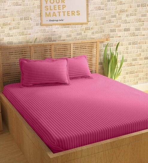 Pink 210TC Cotton stripe 1 Super King Bedsheet with 2 Pillow Covers