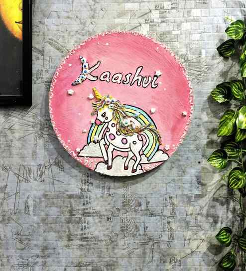 Pink Colour Engineered Wood 10 Inch Wall Art With 3D Marble Dust N Clay Handmade Unicorn Art Work