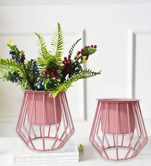 Set Of 2 Pink Metal Plant Stand
