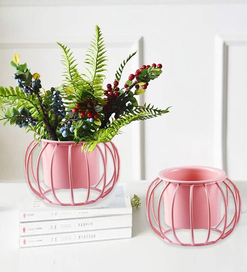 Set Of 2 Pink Metal Plant Stand