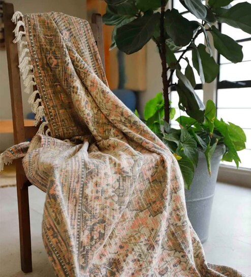 Beige Cotton Traditional 62X50 Inches Throw With Fringes
