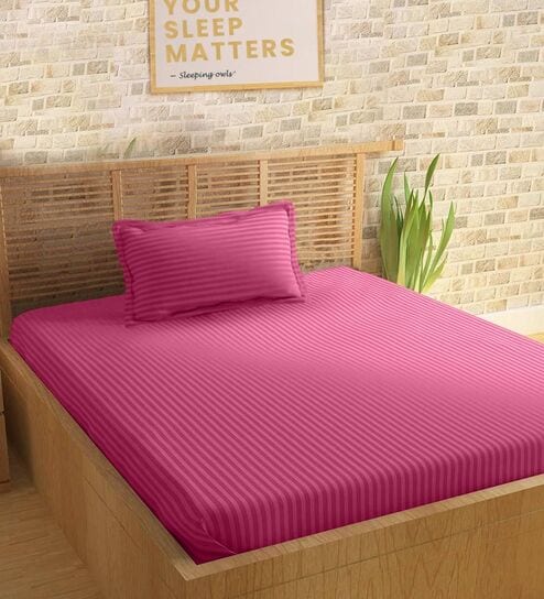Pink Cotton 210TC Striped Single Bedsheet with 1 Pillow Cover
