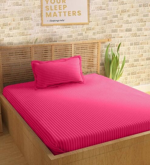 Pink Cotton 210TC Striped Single Bedsheet with 1 Pillow Cover