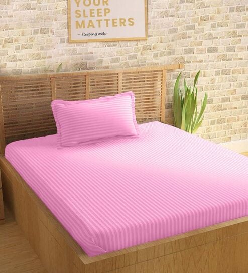 Pink Cotton 210TC Striped Single Bedsheet with 1 Pillow Cover