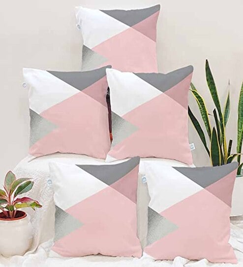 Pink Cotton Geometric 16x16 inches Cushion Covers (Pack of 5)