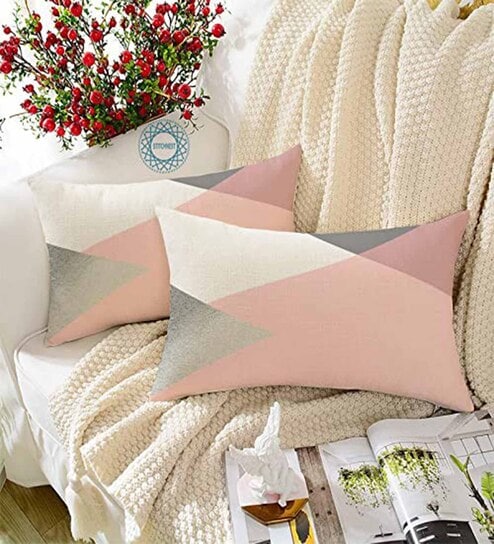 Pink Cotton Geometric 18x12 inches Cushion Covers (Pack of 2)
