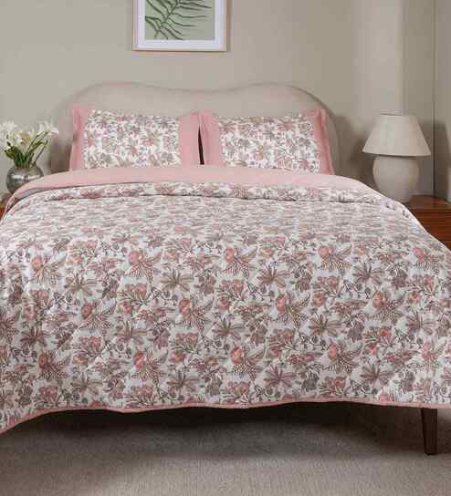 Pink Cotton Polyester Fruit Print 115 GSM Double Bed Quilt