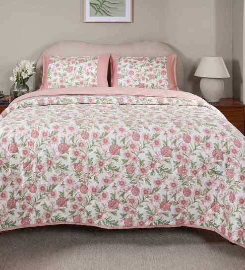 Pink Cotton Polyester Fruit Print 115 GSM Single Bed Quilt