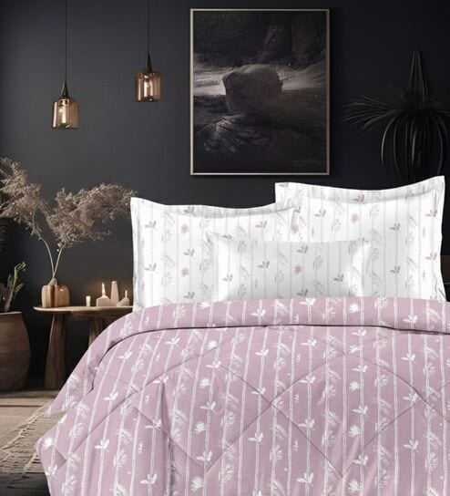 Pink Cotton 210TC Printed All Weather Double 150GSM Bedding Set 1 Comforter 1 Bedsheet 2 Pillow Covers