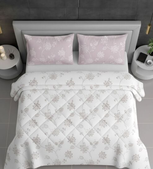 Pink Cotton 210TC Printed All Weather Double 150GSM Bedding Set 1 Comforter 1 Bedsheet 2 Pillow Covers