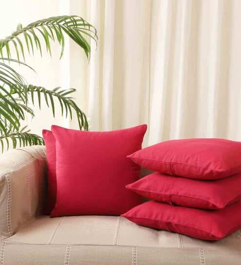 Pink Solid Cotton 16 x 16 Inches Cushion Covers (Set of 5) by Jamio Firati