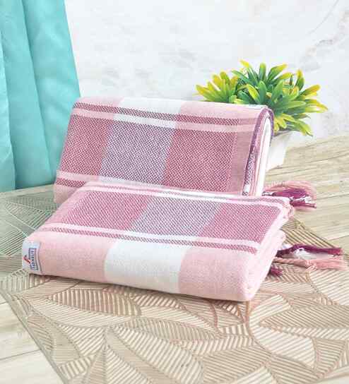 Pink Cotton Striped 225 GSM Bath Towels Pack of 2