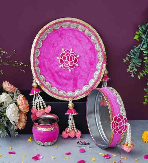 Pink Decorative Stainless Steel Karwa Chauth Thali Set with Plate Chalni Lota|Karva Chauth Pooja Thali