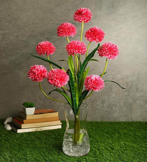 Pink Fabric Decorative Artificial BallMum Flowers Set of 2