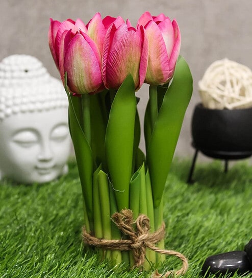 Pink Fabric Stunning Artificial Tulip Flower Bunch with Base