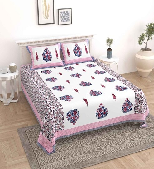 Pink Floral 144 TC Cotton King Bedsheet and 2 Pillow Cover by UniqChoice