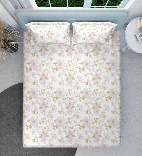 Pink Floral 144 TC Cotton King Sized Double Bedsheet with 2 Pillow Covers Floral Mist Collection