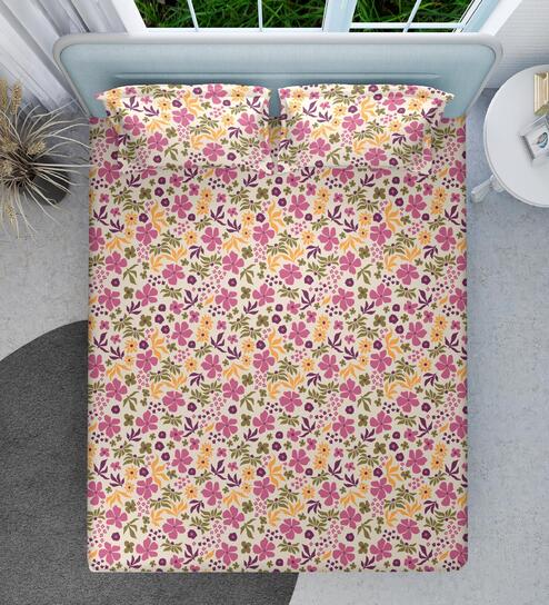 Pink Floral 144 TC Cotton Queen Sized Double Bedsheet with 2 Pillow Covers Blossom Breeze Collection