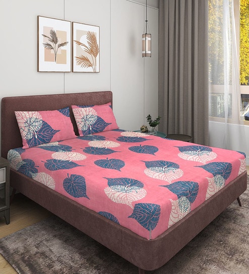 Pink Floral 144 TC Glace Cotton Queen Sized Double Bedsheet with 2 Pillow Covers