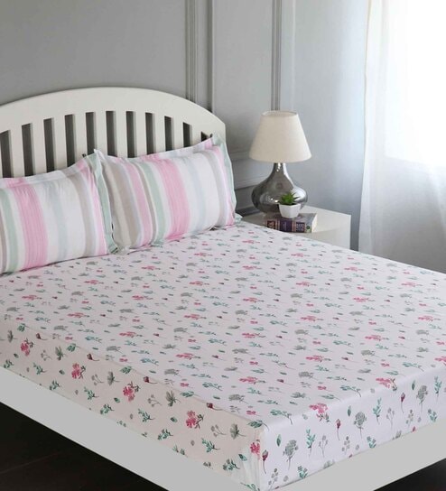 Pink Floral 150 TC Cotton Queen Sized Bed Sheets with 2 Pillow Covers by GM Fabrics