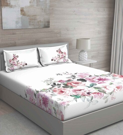 Pink Floral 150 TC Cotton Queen Sized Bed Sheets with 2 Pillow Covers by GM Fabrics